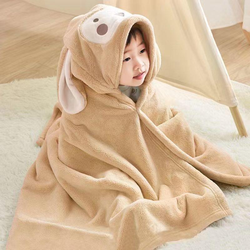 Cartoon Hooded Quick-Dry Coral Fleece Baby Poncho Towel