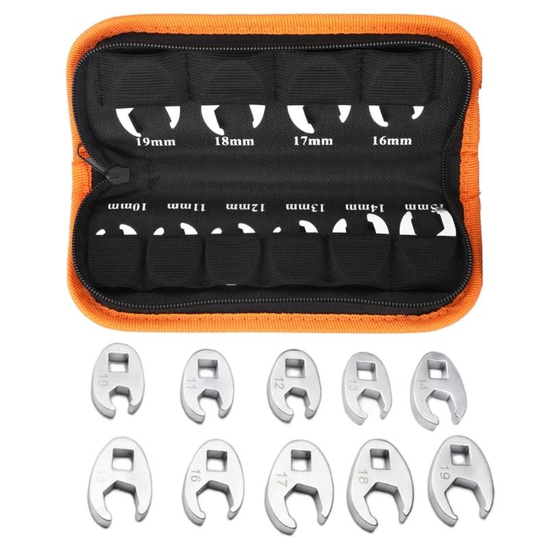 10Pcs Professional Steel Crowfoot Wrench Set From 10mm To 19mm Includes Carry Pouch For Easy Transport
