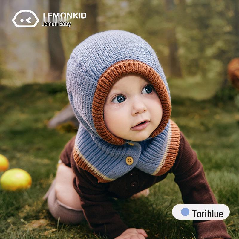 Lemon Baby Wool Knit Hat & Shawl Set - Warm, Windproof Autumn/Winter Infant Cap