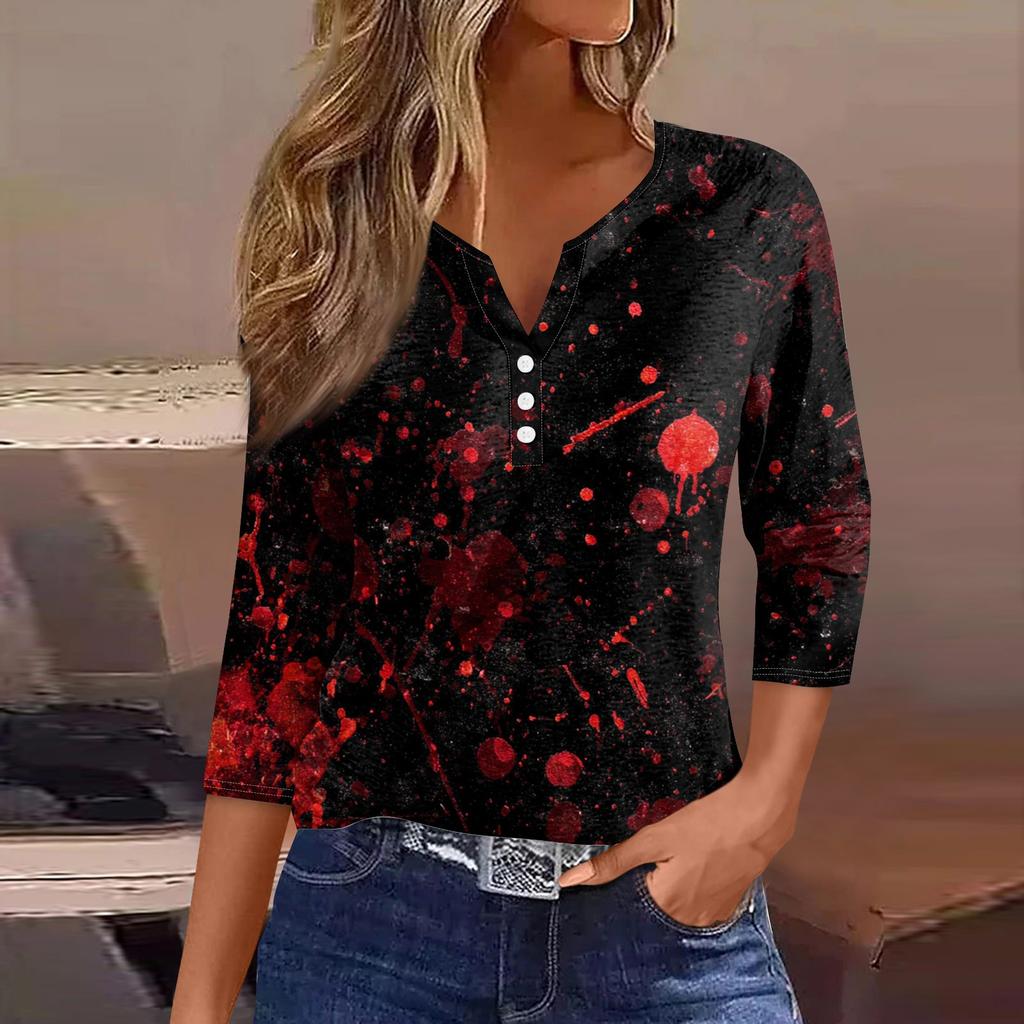Damesmode Casual Halloween Print V-hals Korte Mouw Decoratieve Knop Driekwart Mouw T-shirt Top