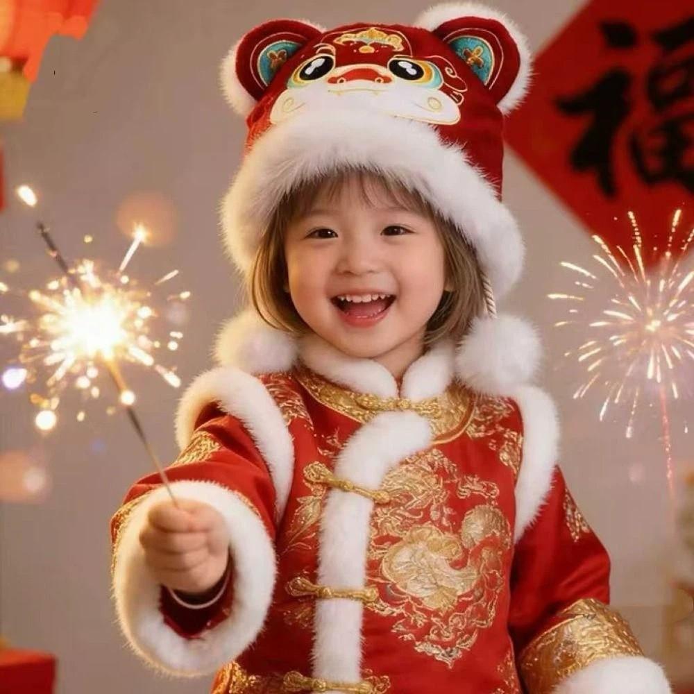 Thickened Children's Lion Dance Hat Ear Muffs Winter Warm Hat Fashion Plush Beanies Outdoor