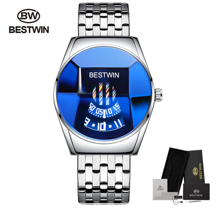2021 Bestwin Sport Chronograph Wristwatch for Men Casual Gold Quartz Watch with Leather Band Cartoon Style