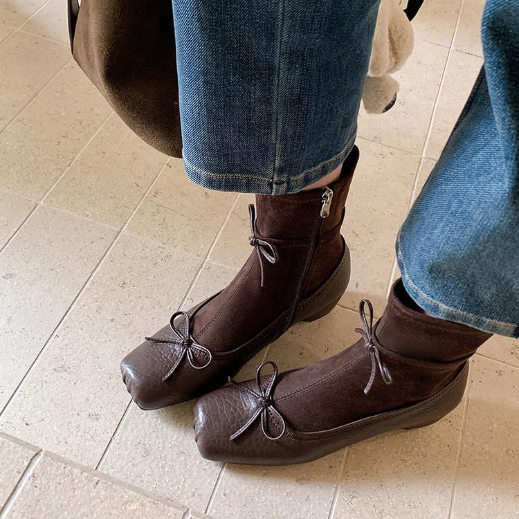Sheepskin Version~ Retro Ballet Style Bow Thin Boots Women's French Autumn and Winter New Pig Nose Thick Heel Short Boots