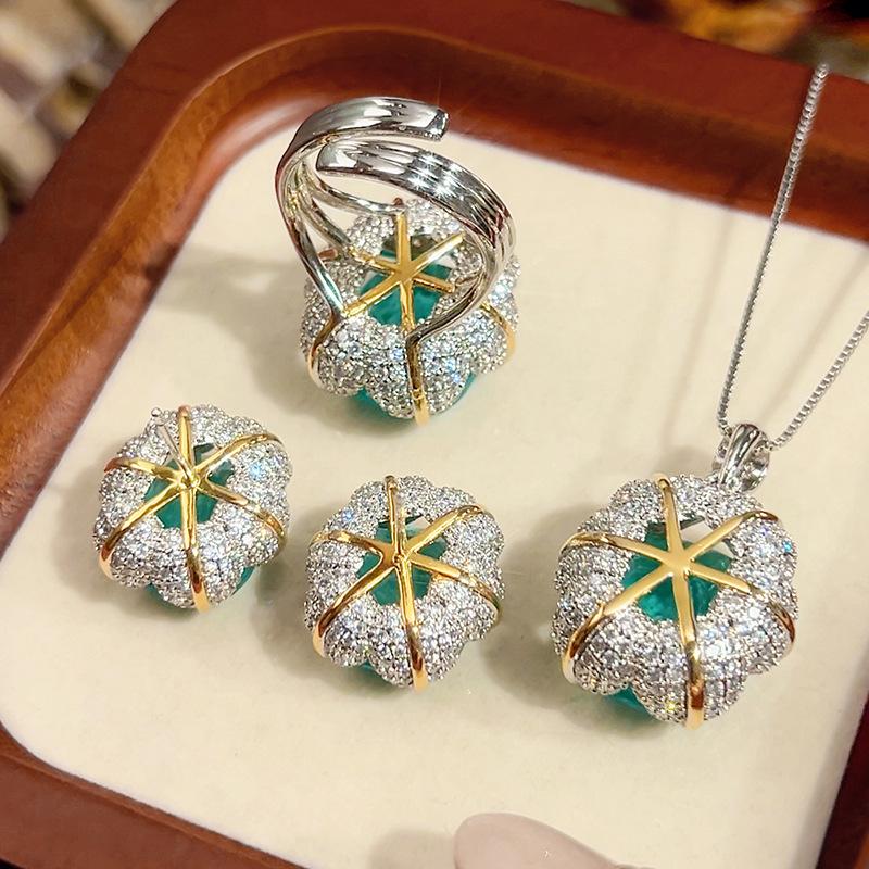 Set Jewelry Necklace Ring Stud Earrings Lotus Shape Para Blue Light Luxury Women
