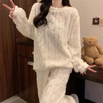 Women's New Fall and Winter Coral Fleece Pajamas Two-piece Thickened Casual Fashionable Living Suit Long-sleeved Suit Pullover and Pants