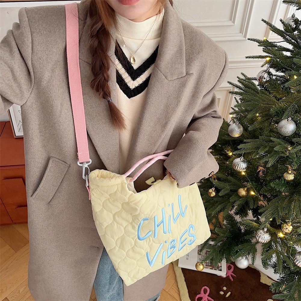 Autumn/Winter Quilted Canvas Tote & Crossbody Bag with Korean Style Embroidered Lettering