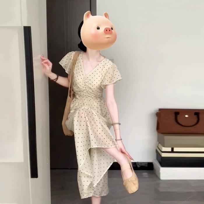 [Chiffon + Inner Lining] French Temperament V-neck Polka Dot Dress for Women's Summer Small Flying Sleeves Seaside Vacation Waist