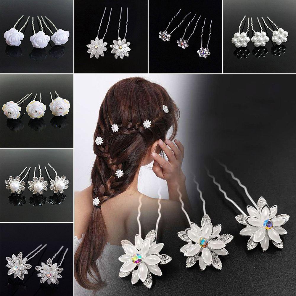 5Pcs Fashion Metal Pearl Flower Hairpin Stick Headwear U-shaped Rhinestone Hair Clip Headdress Bridal Hairpin Wedding