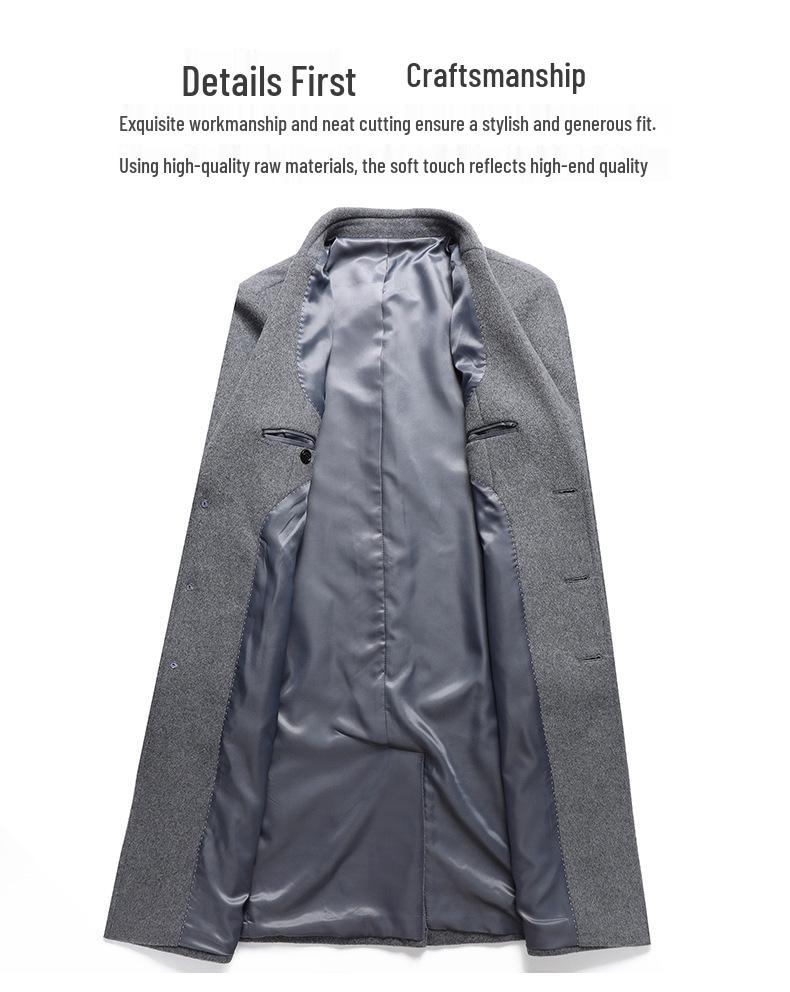 Men's Autumn and Winter Long Wool Over-the-Knee Trench Coat