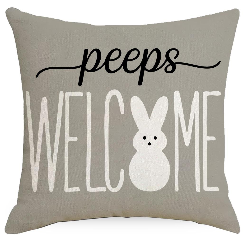 Easter Bunny Printed Linen Pillow Cover Spring Black and White Plaid Pillow Cover