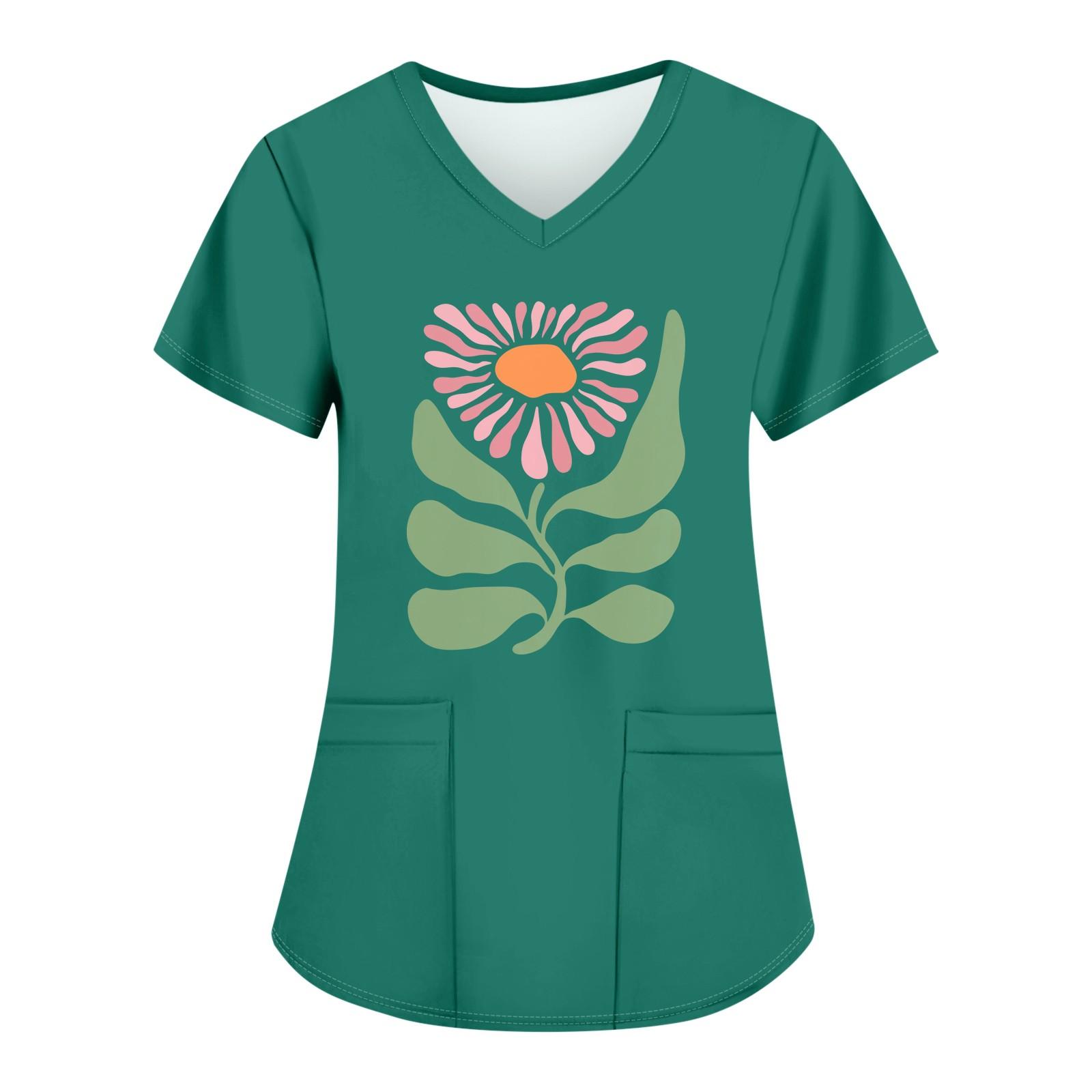 

Женские модные топы с короткими рукавами и V-образным вырезом с принтом, рабочие футболки с карманами XL зелёный