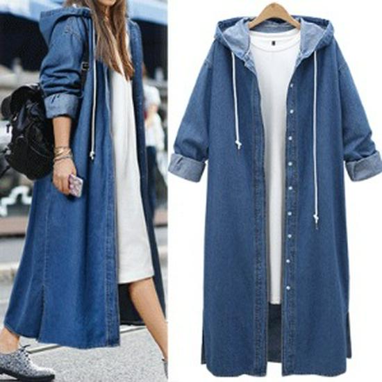 European Autumn Hooded Denim Trench Coat: New Arrival, Long-Sleeved, Single-Breasted.