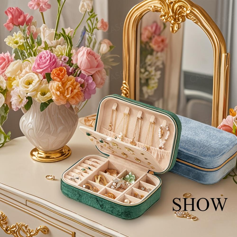 Cutie de bijuterii din catifea cu 3 straturi și fermoar, cutie de depozitare, cârlig pentru colier, poate depozita cercei, coliere, inele, ceasuri, accesorii de păr, potrivită pentru cadouri