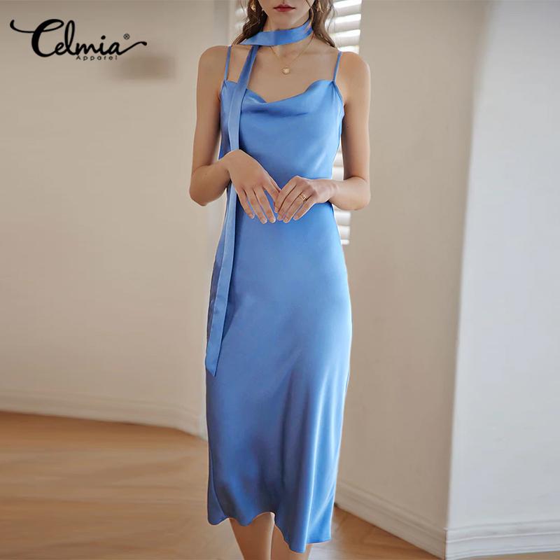 

Celmia Лето Женская мода Спагетти Ремешок Шелковое пятно Вечеринка Длинное платье Твердый Повседневный Свободный Элегантный Макси Платье Плюс Размер