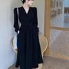 Plus Size Women's Autumn V-neck Waist-cinching Long-sleeved Slimming Dress