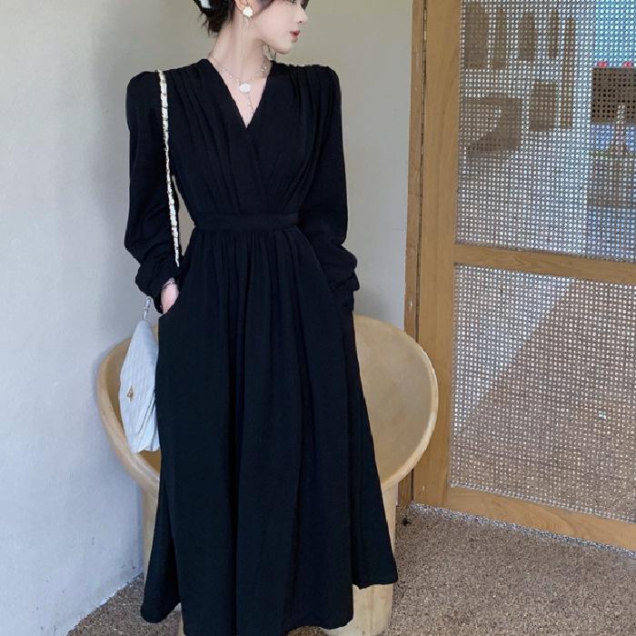 Plus Size Women's Autumn V-neck Waist-cinching Long-sleeved Slimming Dress