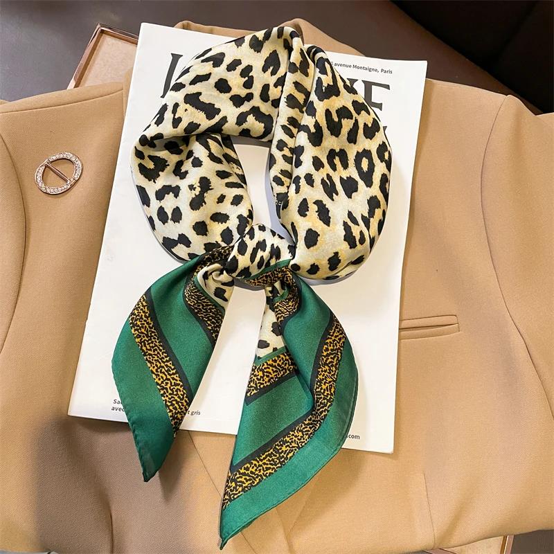 Luxury Satin Silk Scarf Square Leopard Print Women Shawl Headband Small Hair Scarves Female Handkerchief