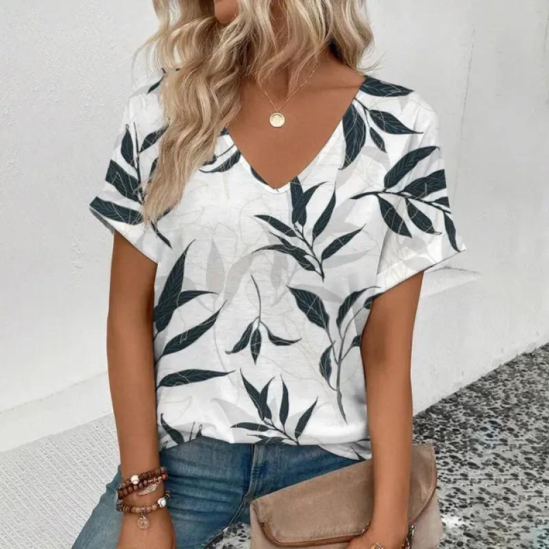 

Лето 2024, женская футболка с v-образным вырезом, ретро полосатая футболка с принтом, модная популярная женская футболка с коротким рукавом для отдыха L