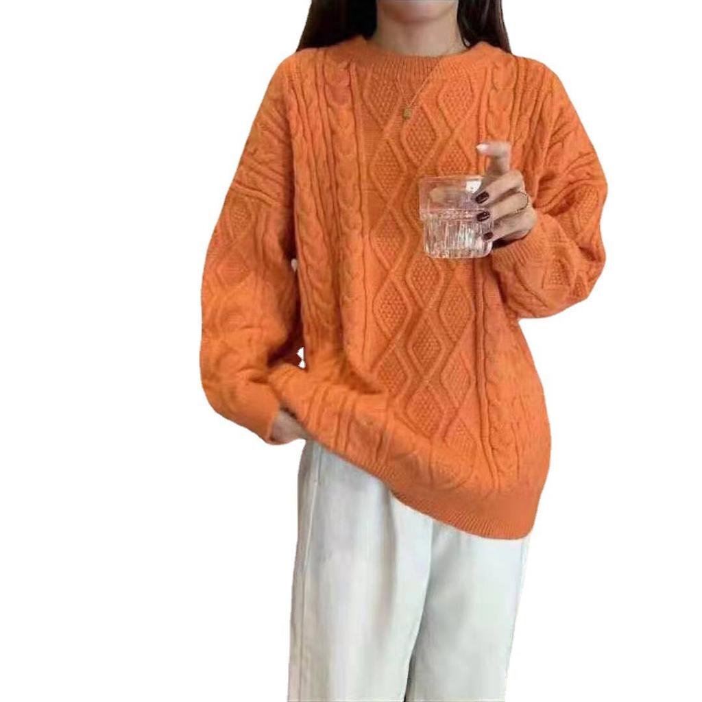 Wear a twist pink sweater for women's lazy style autumn and winter new soft waxy loose crew neck sweater for women's high sense