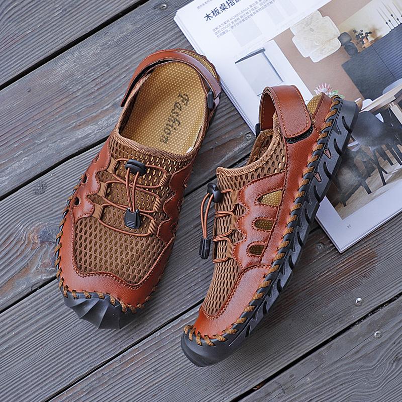 Mens Genuine Leather Sandals  Closed Toe Sandals Hand-stitched Summer Men Sandals Breathable Outdoor Men Beach Sandals
