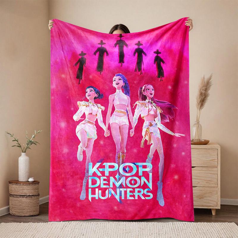 KPop Demon Hunters Cartoon Flannel Blanket - Cozy Throw for Sofa and Naps