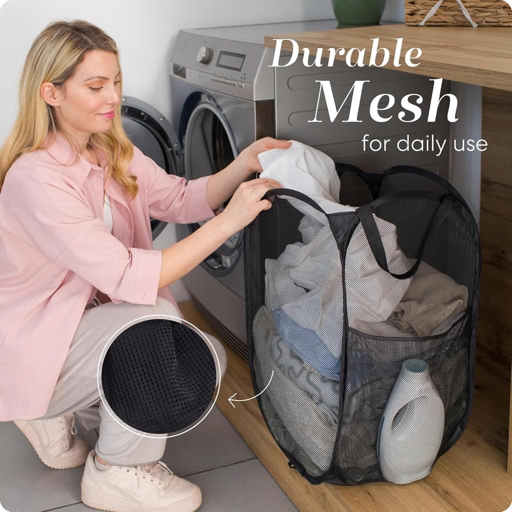 Collapsible Mesh Pop Up Hamper With Wide Opening And Side Pocket - Breathable Sturdy Foldable And Space-Saving Design For Clothes And Storage (Black)