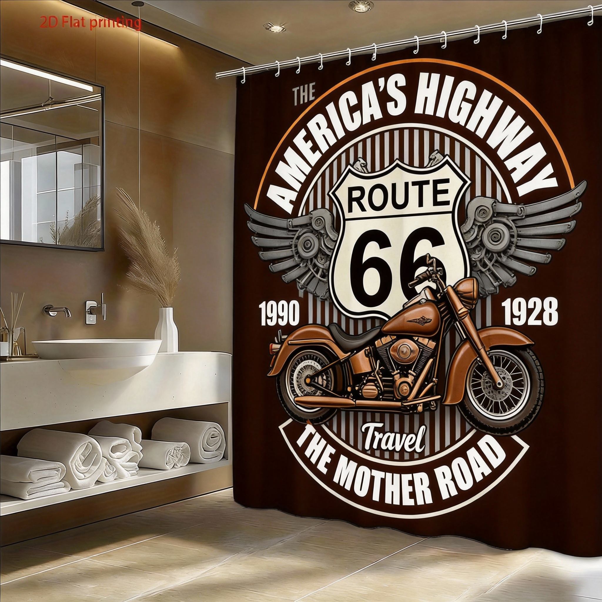 

Шторка для душа с мотоциклом Route 66 Ретро-дизайн американского шоссе с хромированным мотоциклом и крыльями Шторка для душа с крючком W60H190(CM)-1 Pcs
