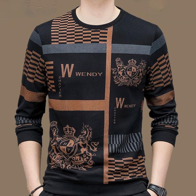 Herren Kleidung Trend Bedruckte Langarm Pullover Tops 2023 Frühling Herbst Mode Rundhals Hohe Qualität Luxus T-Shirt für Mich