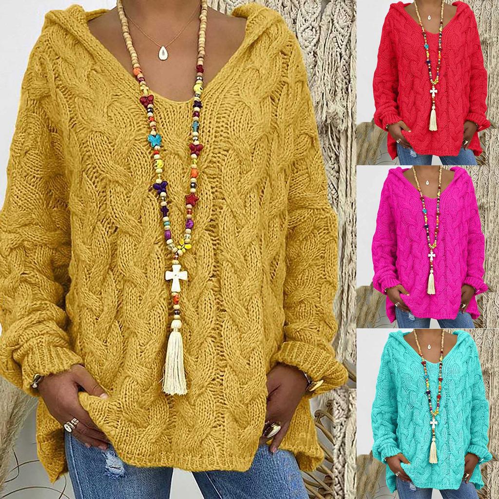 Women Fashion Loose Large Size Solid Color Hood Long Sleeves Sweater Tops