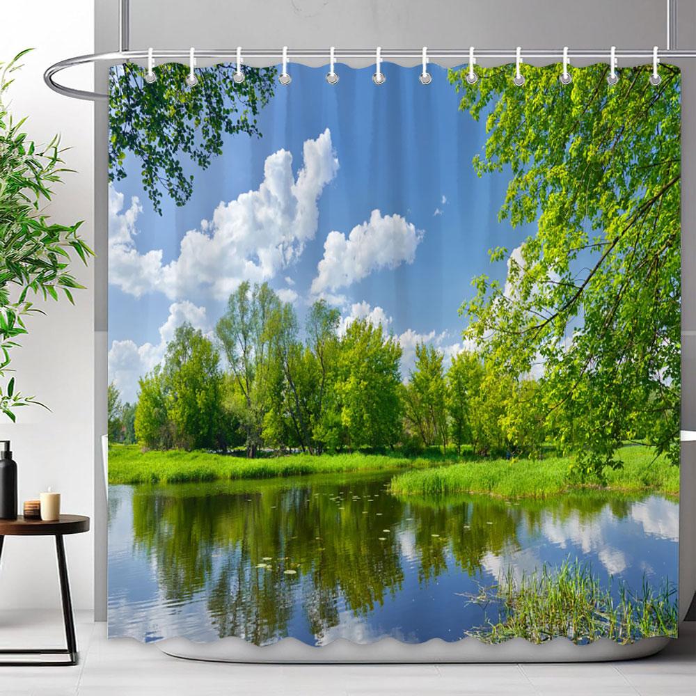 Outdoor Scenic Forest Shower Curtain With Hooks Green Plant Tree Waterfall Landscape Waterproof Shower Curtains Bathroom Decor