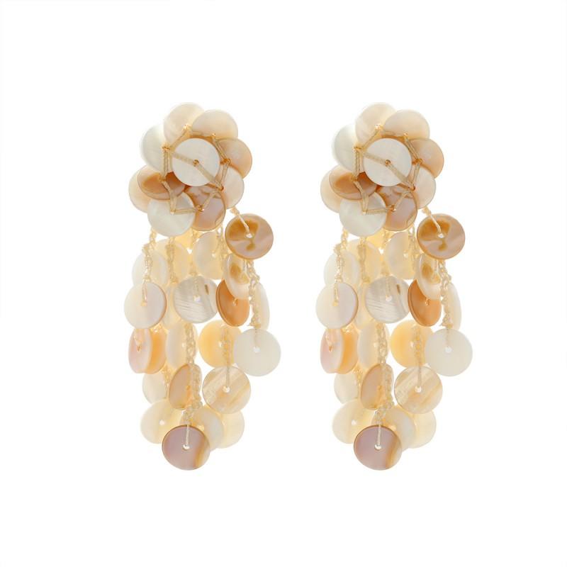 Handwoven Shell Beach Style Earrings With Multi-Layer Tassels Geometric Design White Resin Women 2025 White
