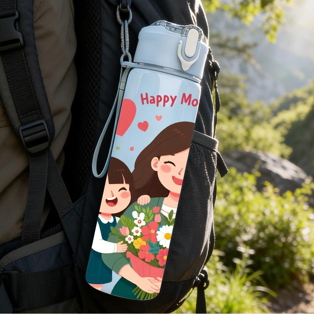1PC Mothers Day Mom Kids Floral Heart Print 750ml Color Plastic Sports Water Bottle Leakproof Flip Straw Lid Suitable for Sports Office Home Use