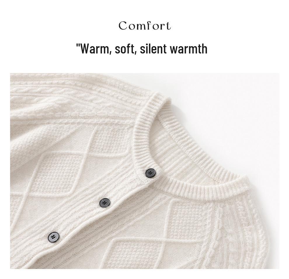26 Autumn/Winter Women's Cashmere Blend Round Neck Cardigan - Osmanthus Stitch Thick Knit Sweater