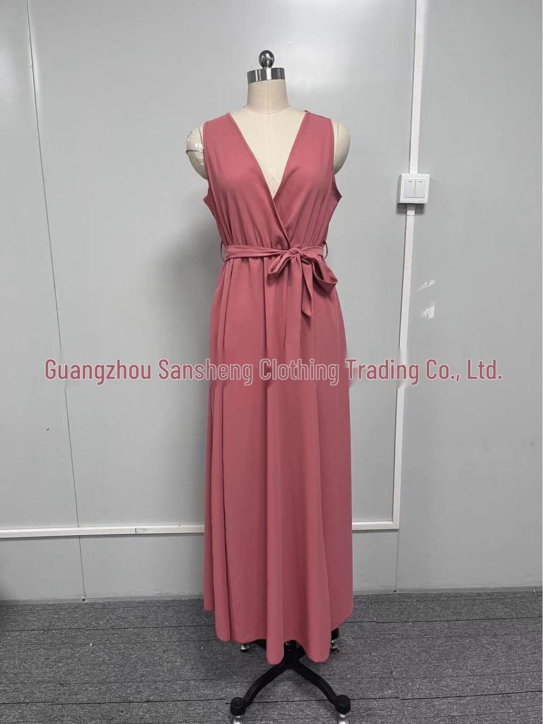 2025 Damen Übergröße Böhmisches V-Ausschnitt Ärmellos Hochgeschlitzt Langes Kleid