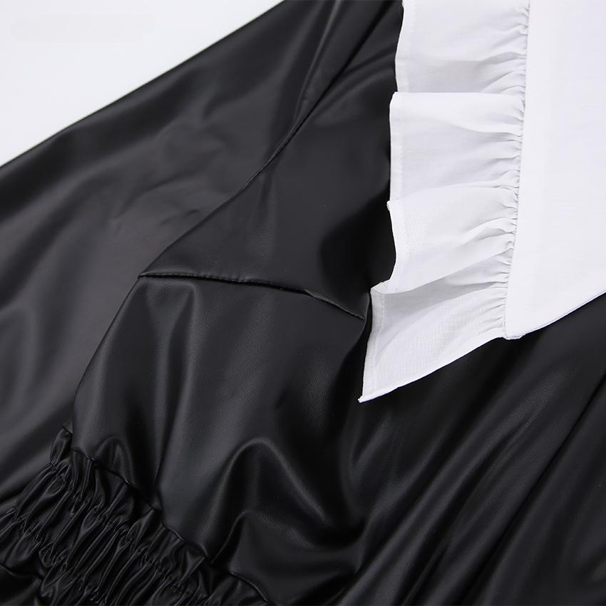 Peter Pan Collar Patchwork PU Leather Black Dress Women Elegant Pleated Elastic Waist Short Dresses Autumn Winter New Punk