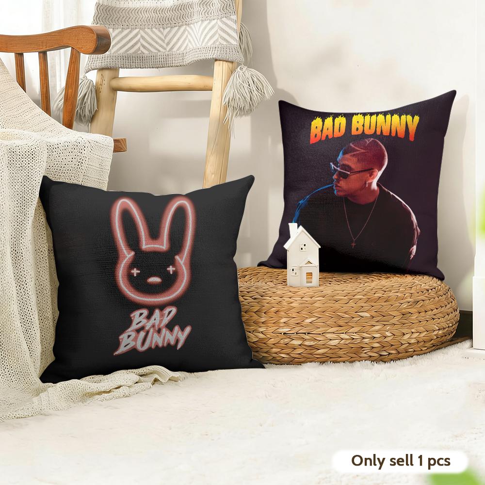 Singer B-Bad Bunny Cushion Cover Natural Linen Organic Fabric Double-Sided Printing Sofa Home Decor Gift Pillow Case