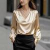Spot Wish New French Temperament Bubble Sleeve V-Neck Satin Long Sleeve Shirt Women
