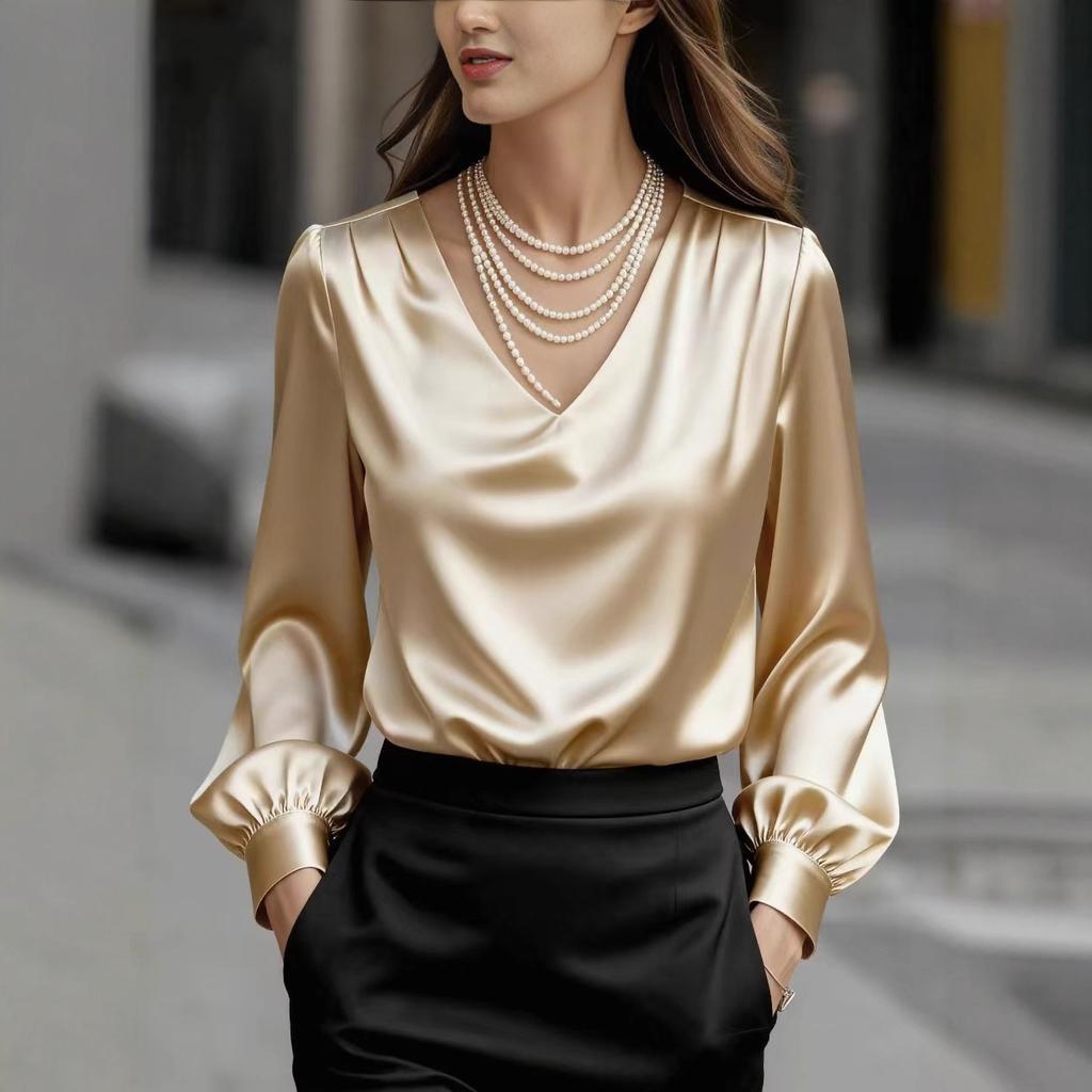 Spot Wish New French Temperament Bubble Sleeve V-Neck Satin Long Sleeve Shirt Women