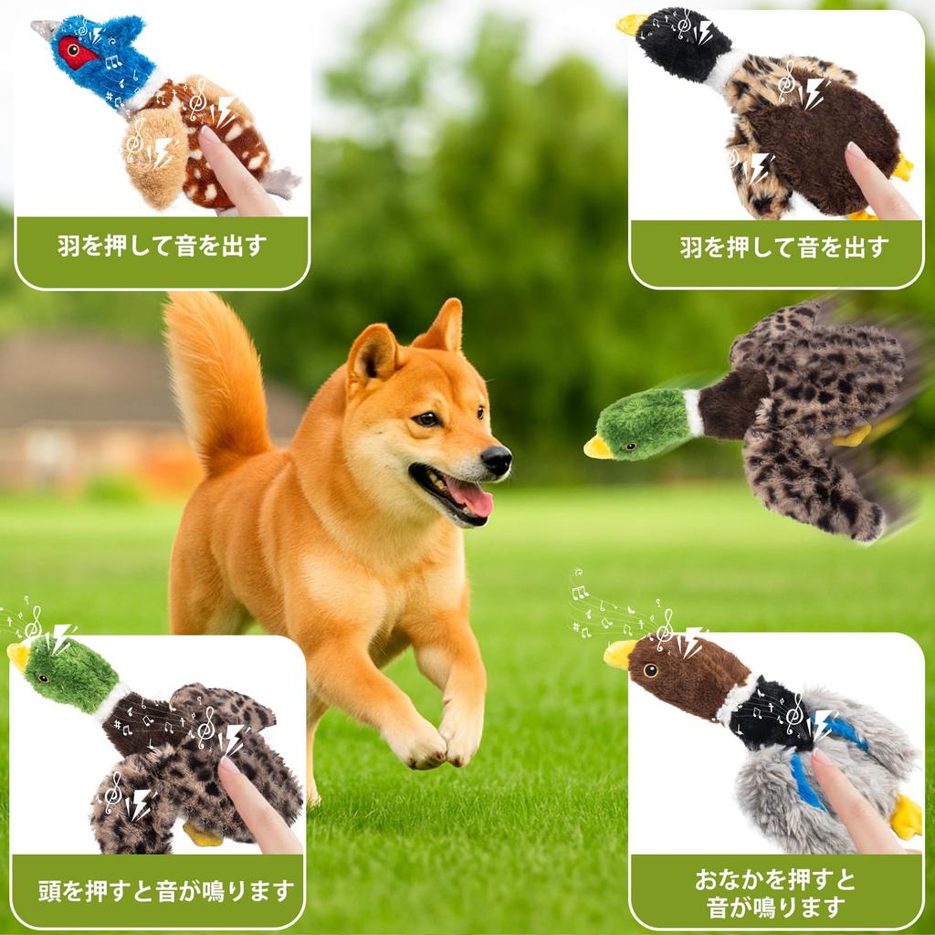 Calibonbon Malý psí set 4 roztomilých plyšových hraček s designem ptáčků, omyvatelné, bezpečný design, ideální pro hračky a hračky pro Shiba Inu, vestavěný pískátko, výplň,