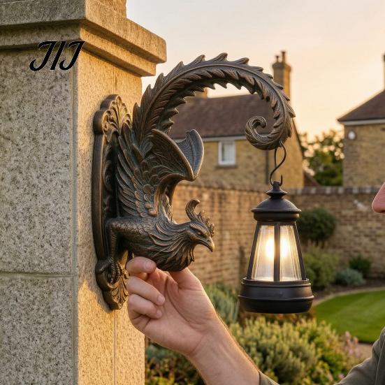 Solar Powered Porch Lanterns Phoenix Wall Lights, Resin Sculpture Outdoor Light, Bronze Finish Yard Decor Waterproof Landscape Lamp for Garden