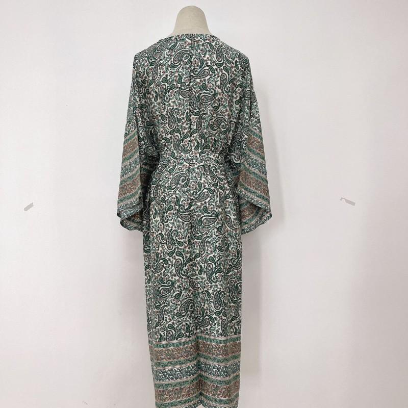 Womens Cotton Printed Beach Cover Up Dress With Waist Tie UPF Sun Protection Kimono Style Swimwear Set