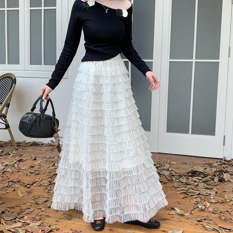 Qooth Polka Dot Tulle Tiered Cake Maxi Skirt A-Line Long Skirt Slimming QT2897