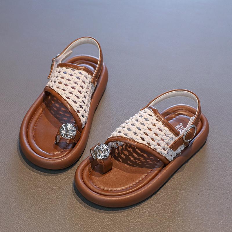 Sandálias de Encaixe com Pérolas para Meninas, Sapatos de Princesa, Sandálias de Praia Trançadas Estilosas para Bebês e Crianças, Sapatos Casuais Frescos