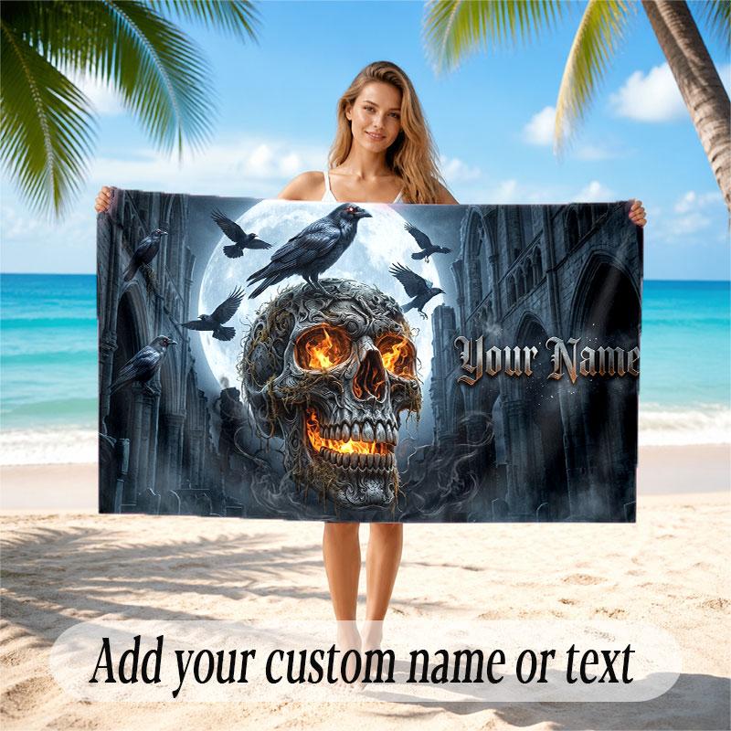 Skull Gothic Theme Beach Towel Personalized Custom Name & Text Soft Quick Dry Beach Towel for Swimming Travel