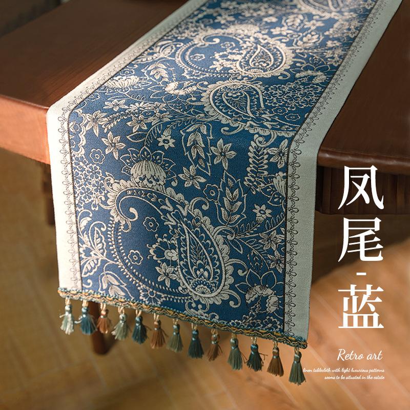 Retro style long tablecloth colored woven jacquard high-end tassel household coffee table tea flag bucket cabinet