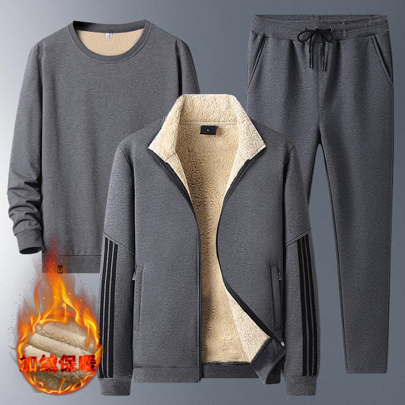 Pánská hřejivá třídílná fleecová souprava z jehněčí vlny pro podzim a zimu, podzimní a zimní volnočasová sportovní souprava, třídílný set
