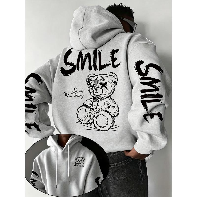 European and American Men's Autumn Fashion Letter Teddy Bear Print Soft and Comfortable Hooded Sweatshirt Outdoor Street Top