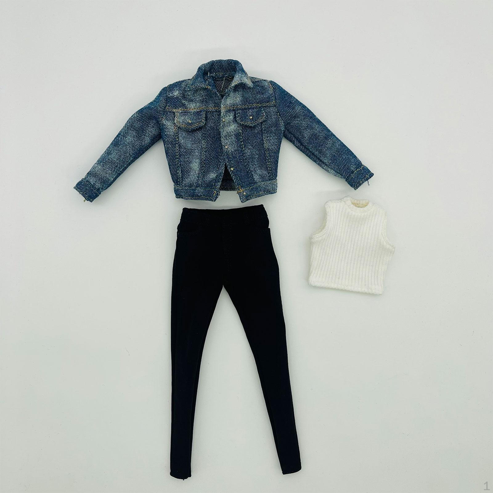 

1: 6 Женская джинсовая куртка Langarm Denim Button Down содержит брюки и жилет для 12-дюймового масштаба темно-синий