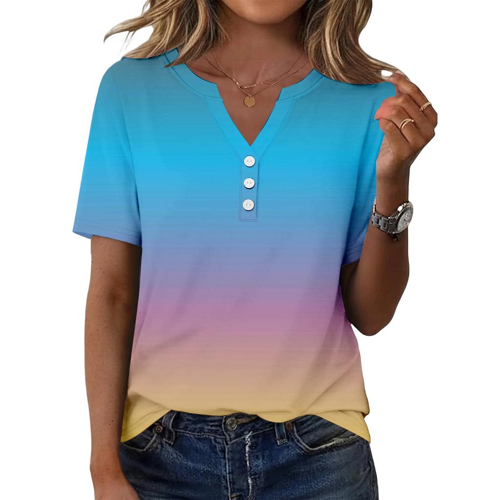 Women's Fashionable Casual Short-sleeved Gradient Printed V-neck Top
