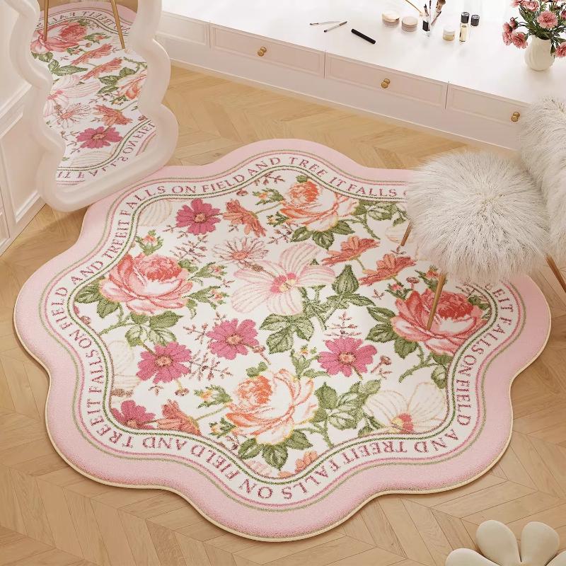 

Round Carpet Bedroom Bedside Floor Mat Pink Floral Minimalist Luxury Rug Soft Fluffy Irregular Rugs Home Decoration Alfombra 120x120cm (Diameter)